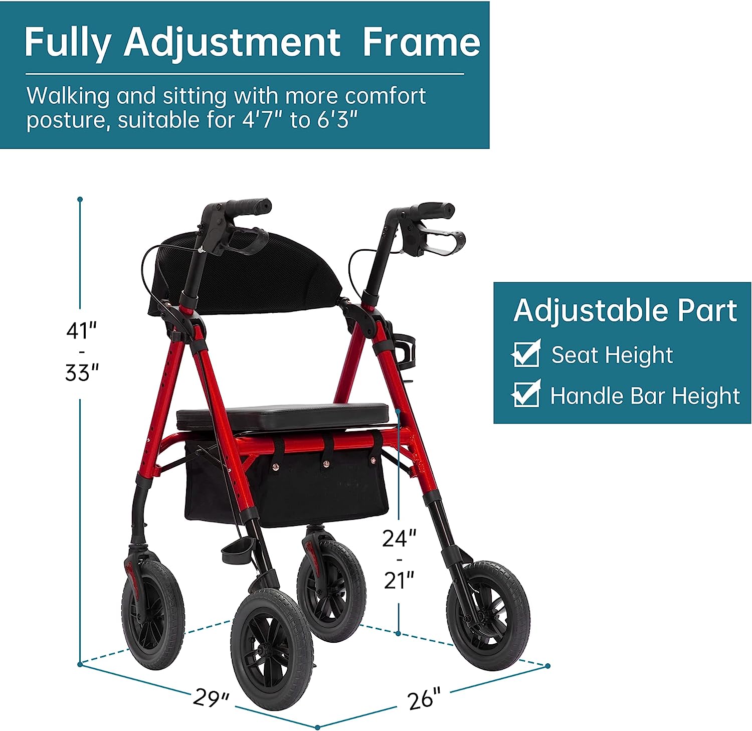 ELENKER® KLD-9218 All-Terrain Rollator Walker 8” Red