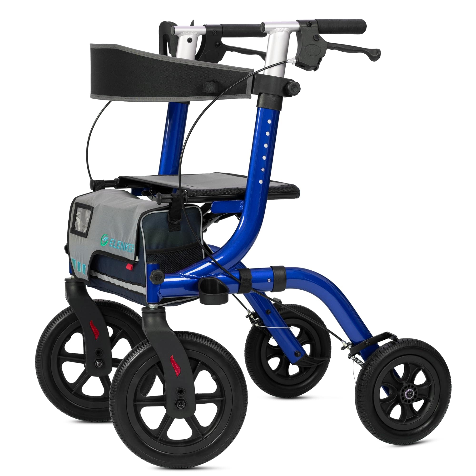 ELENKER ® HFK-9210KDB  All-Terrain Rollator Walker with Seat, Outdoor Rolling Walker, 12” Non-Pneumatic Tire Front Wheels, Compact Folding Design for Seniors Blue