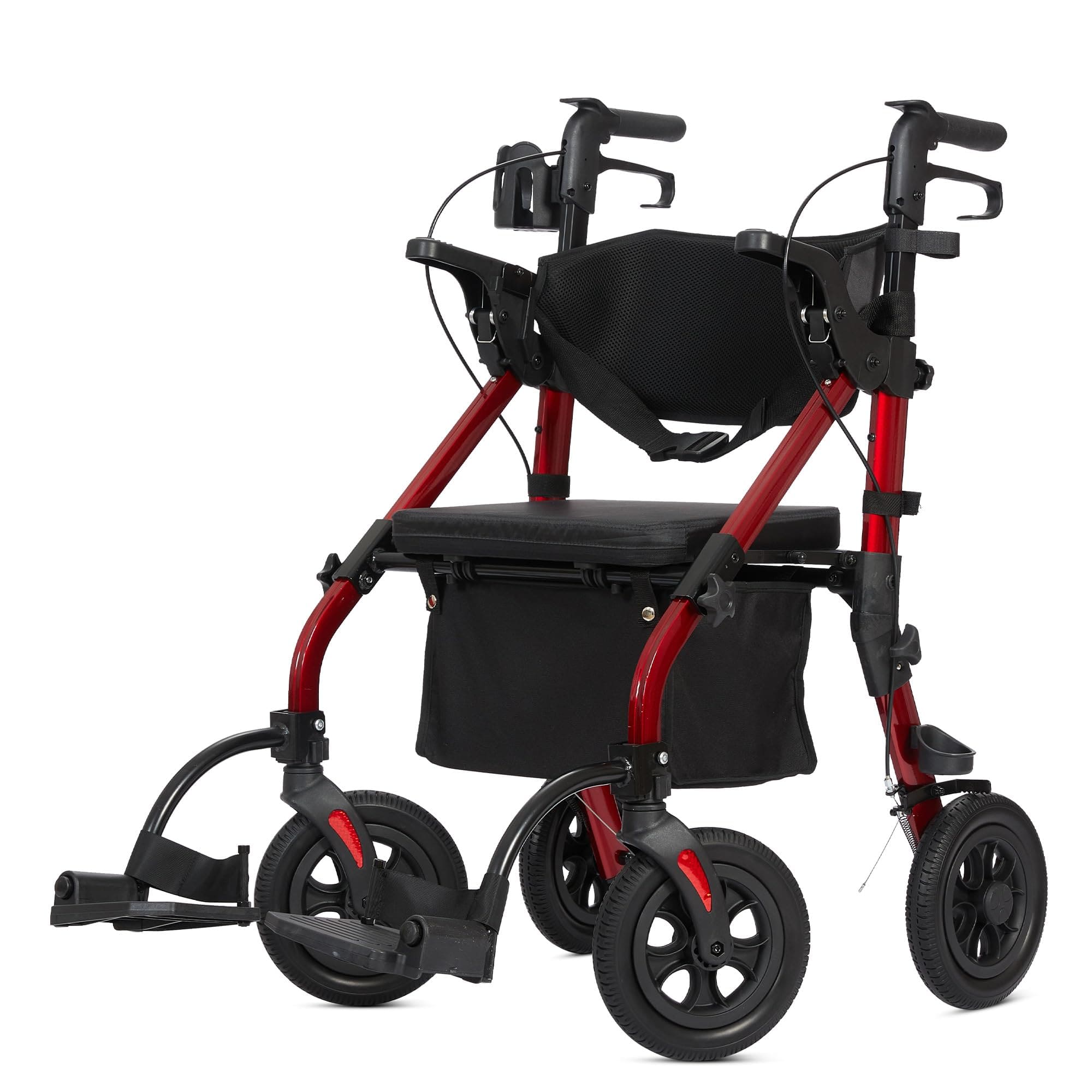 HFK-9269KD All Terrain Rollator Walker Transport Wheelchair Combo, 2 in 1 Rolling Walker with Padded Seat and Wide Backrest, Red