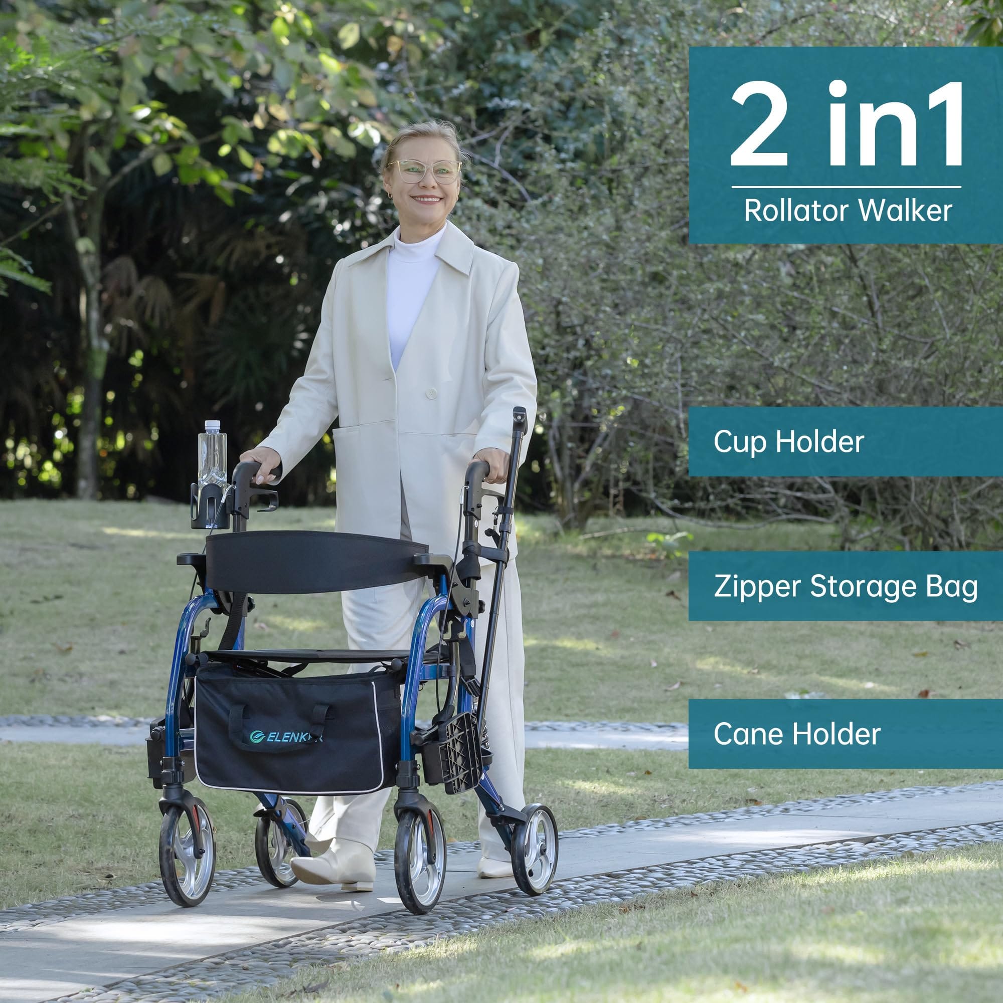 HFK-9294  ELENKER® 2 in 1 Rollator Walker Blue