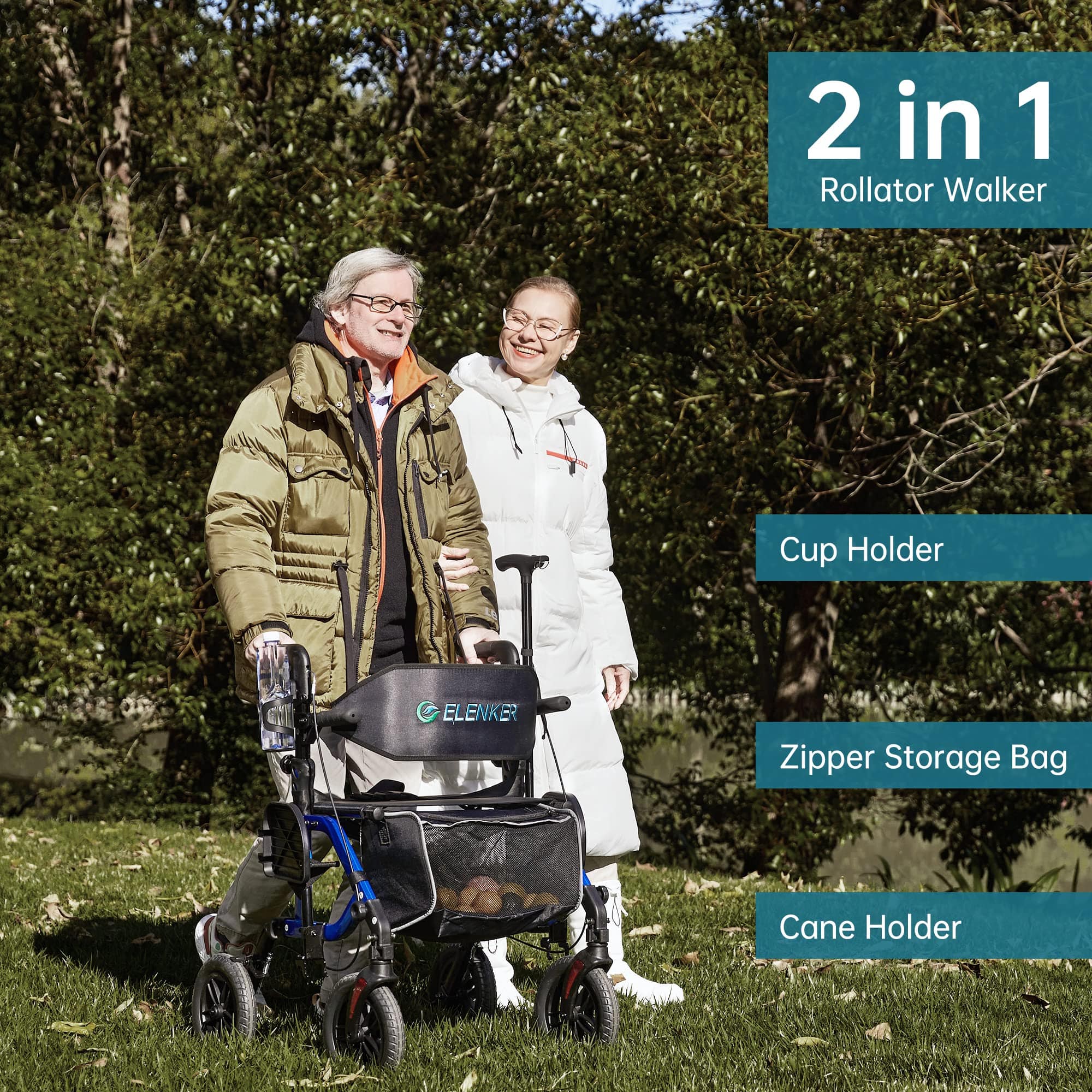 ELENKER® KLD-9224 All-Terrain 2 in 1 Rollator Walker 10in Blue