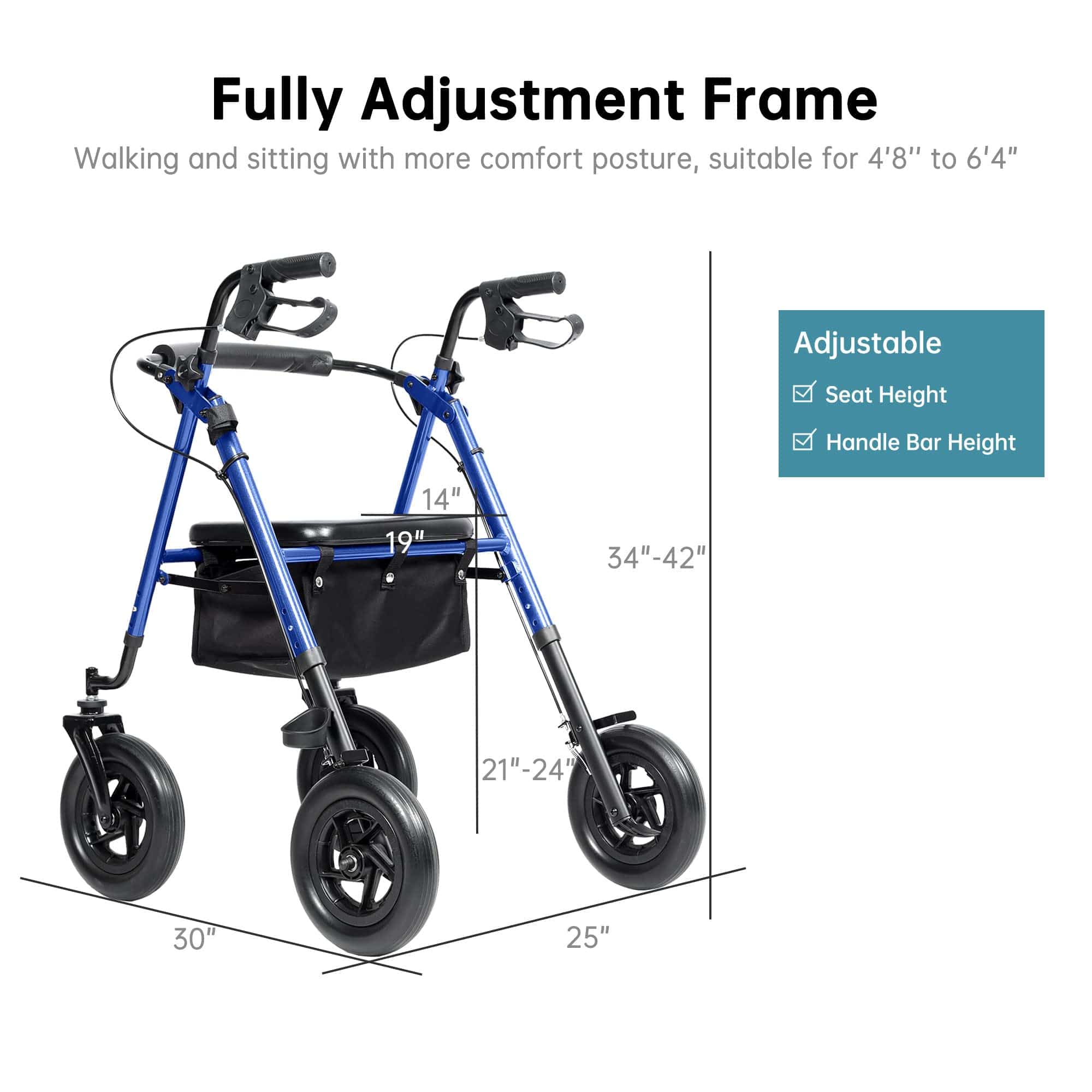 ELENKER ® HFK-9236D4 All-Terrain Rollator Walker 10”  Blue