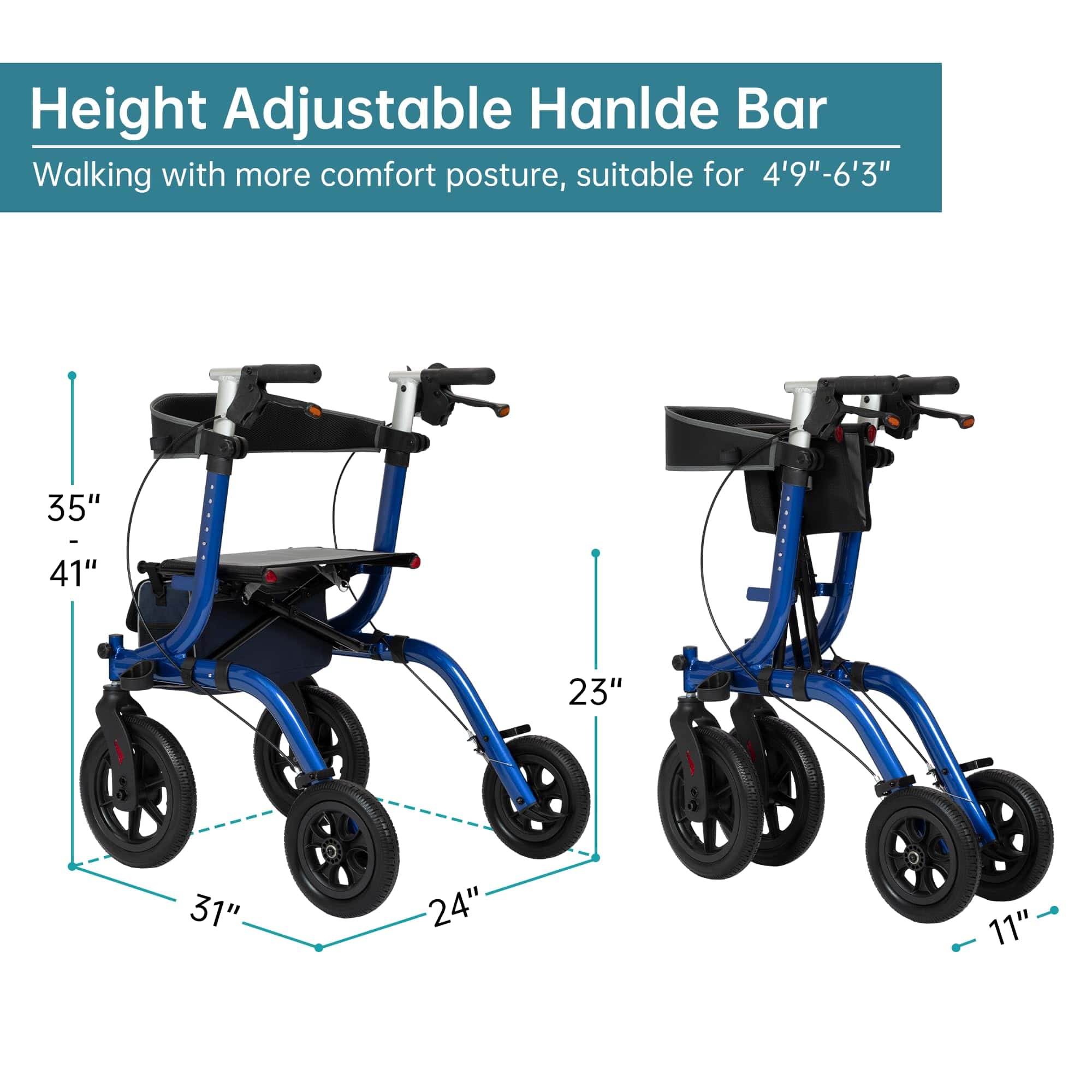 ELENKER ® HFK-9210KDB  All-Terrain Rollator Walker with Seat, Outdoor Rolling Walker, 12” Non-Pneumatic Tire Front Wheels, Compact Folding Design for Seniors Blue