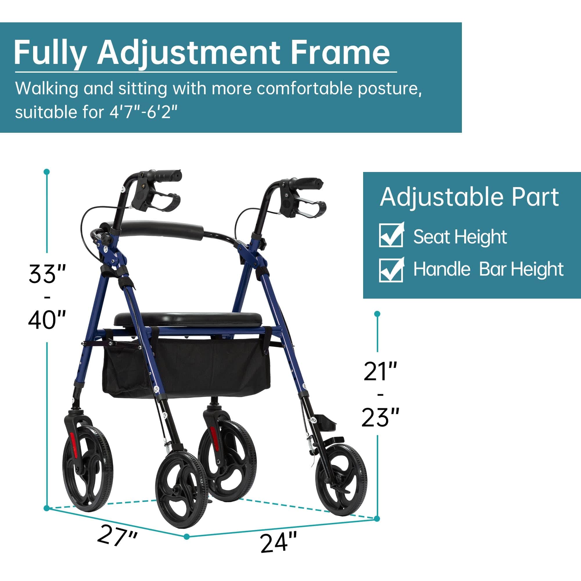 ELENKER ® YF-9007B Rollator Walker with 10” Wheels, Sponge Padded Seat and Backrest, Fully Adjustment Frame for Seniors Blue